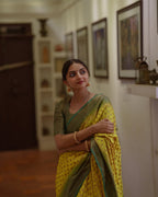 Lemon Yellow Banarasi Silk Saree with Brown Border - view 3 of 14