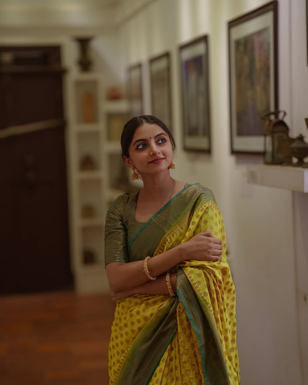Lemon Yellow Banarasi Silk Saree with Brown Border - view 3 of 14