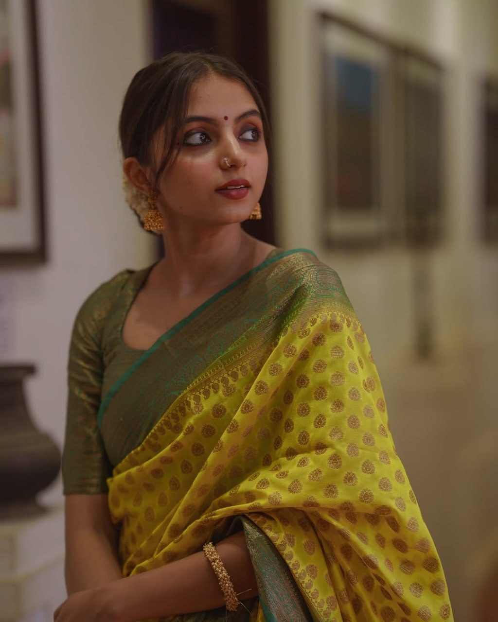 Lemon Yellow Banarasi Silk Saree with Brown Border - view 4 of 14