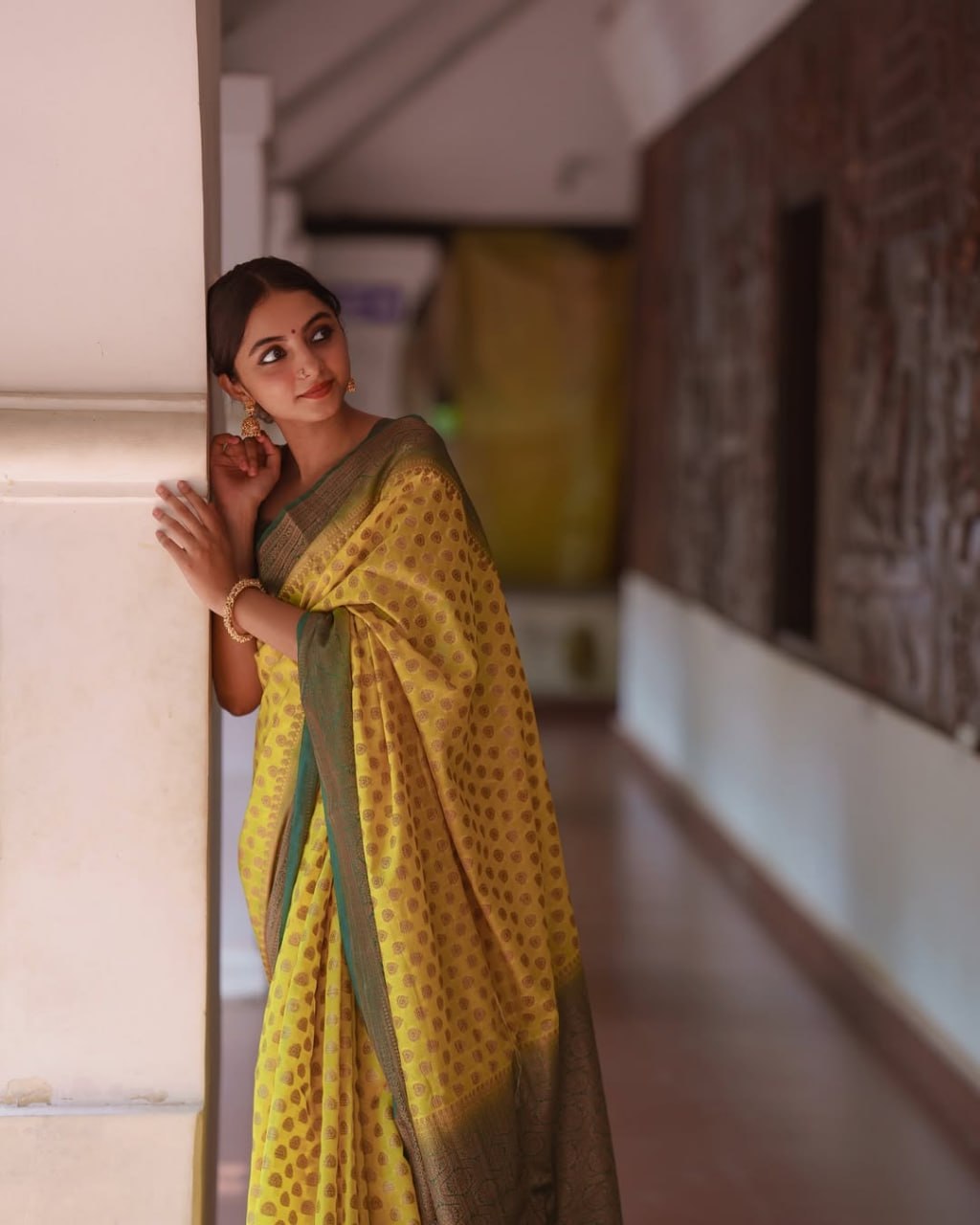 Lemon Yellow Banarasi Silk Saree with Brown Border - view 5 of 14