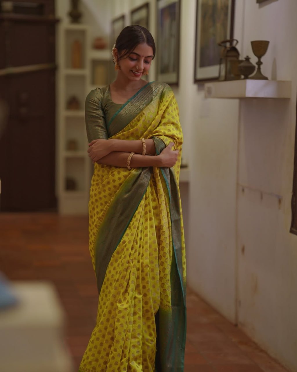 Lemon Yellow Banarasi Silk Saree with Brown Border - view 6 of 14
