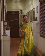 Lemon Yellow Banarasi Silk Saree with Brown Border - view 7 of 14