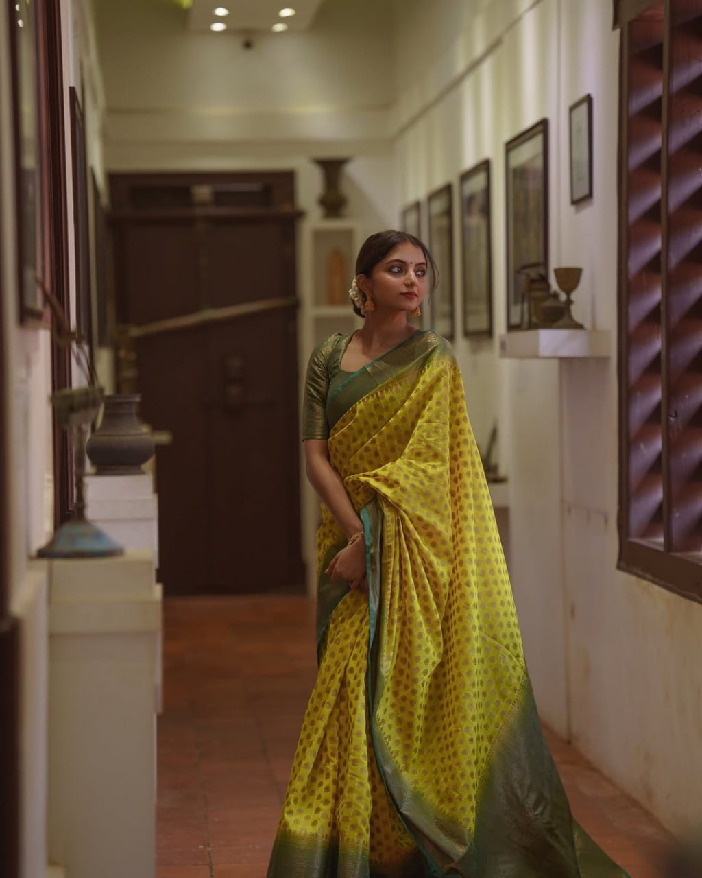 Lemon Yellow Banarasi Silk Saree with Brown Border - view 7 of 14