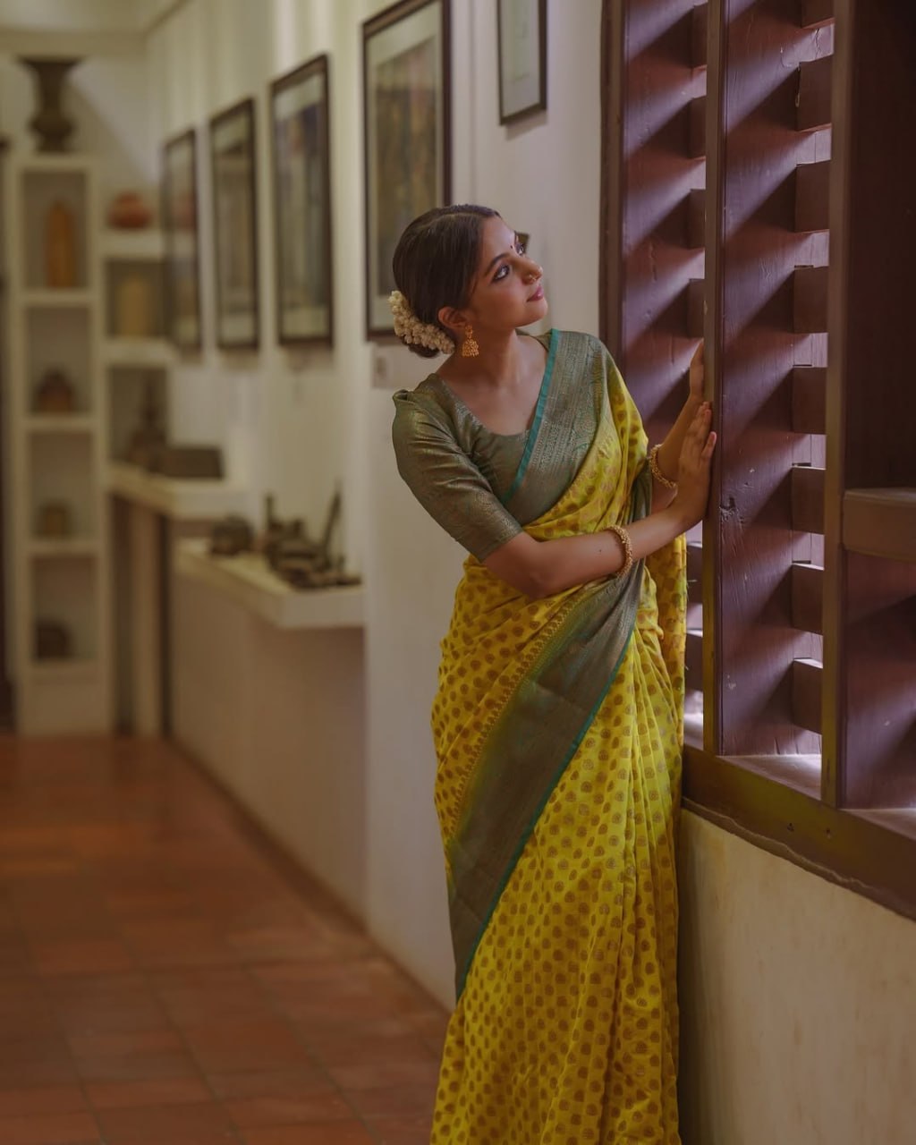 Lemon Yellow Banarasi Silk Saree with Brown Border - view 8 of 14