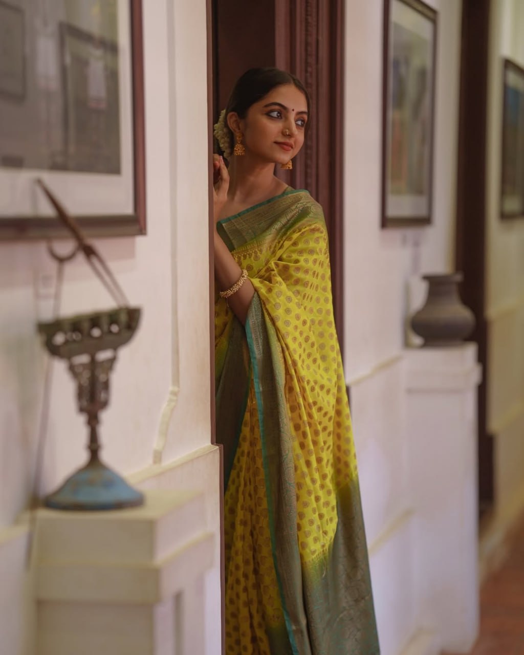 Lemon Yellow Banarasi Silk Saree with Brown Border - view 9 of 14