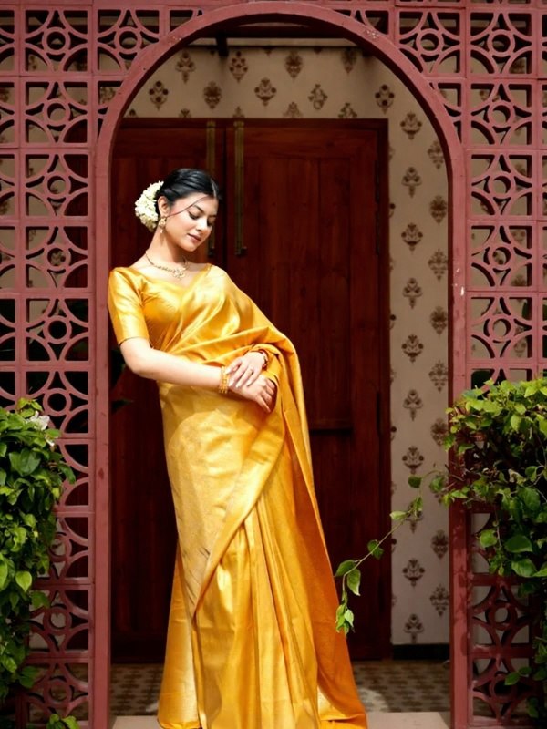 Mango Yellow Kanjivaram Style Silk Saree - Shivay Libas