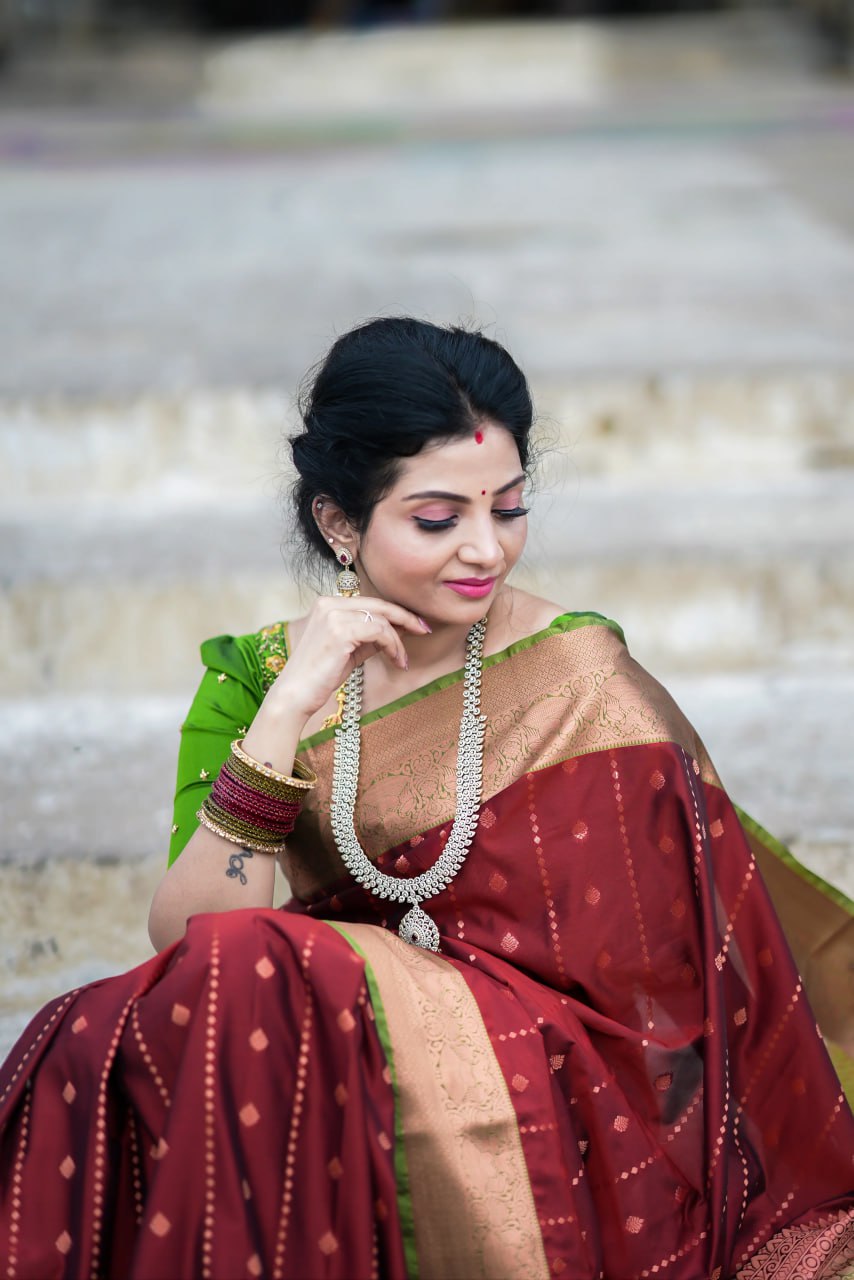 Maroon & Green Border Silk Saree - view 2 of 7