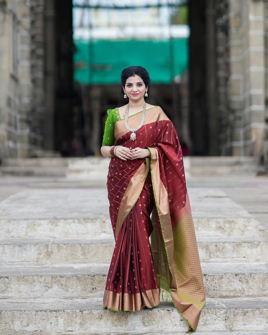 Maroon & Green Border Silk Saree - view 5 of 7