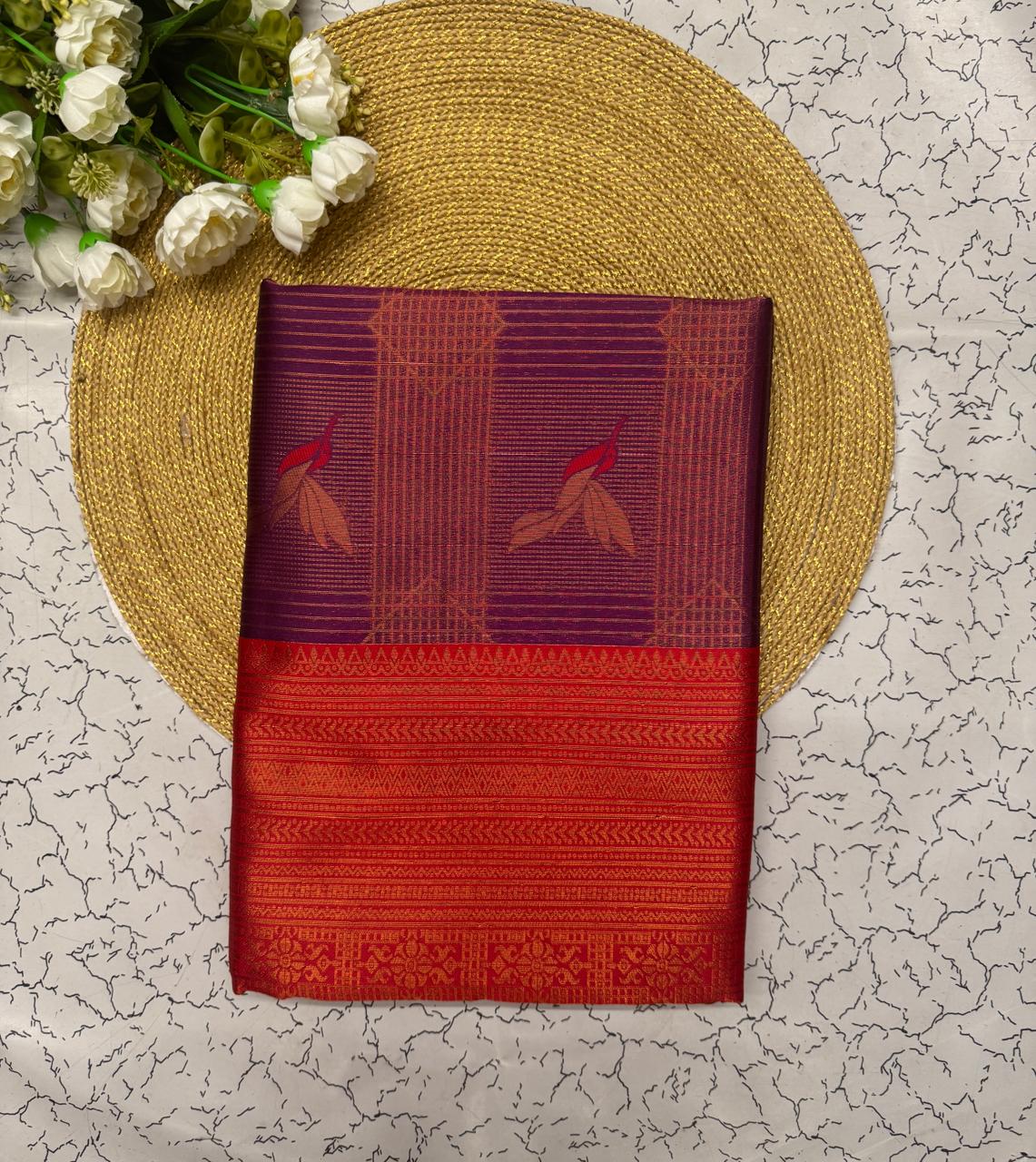 Maroon & Red Leaf Motif Soft Silk Saree - view 2 of 6