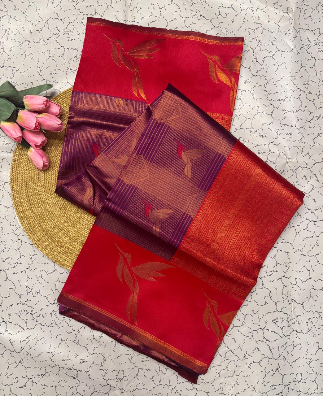 Maroon & Red Leaf Motif Soft Silk Saree - view 3 of 6