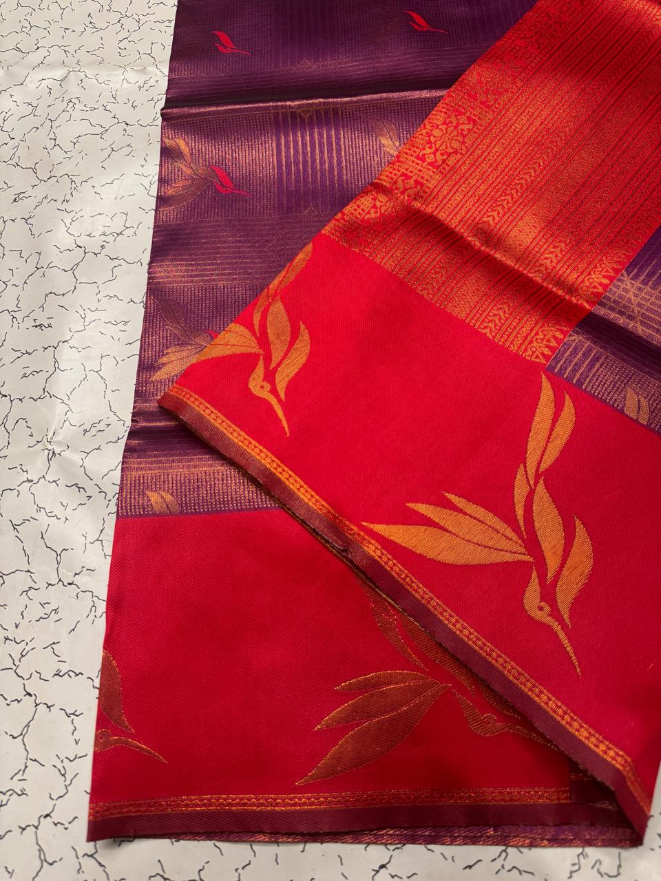 Maroon & Red Leaf Motif Soft Silk Saree - view 6 of 6