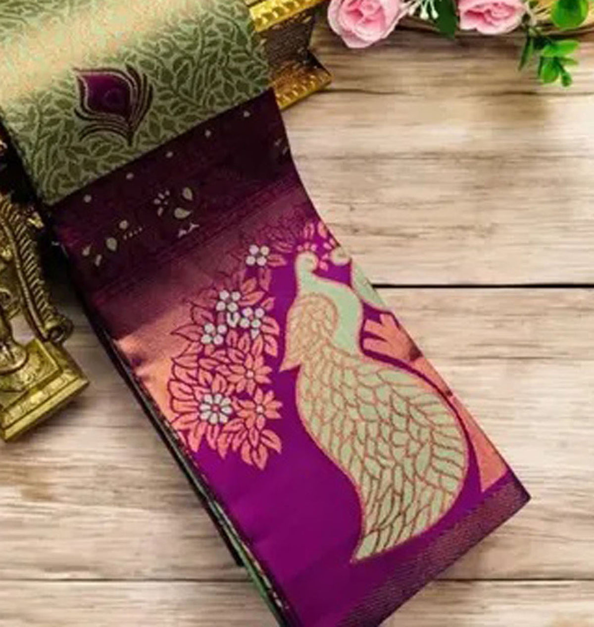 Mehendi Green & Magenta Peacock Zari Soft Silk Saree - view 2 of 4