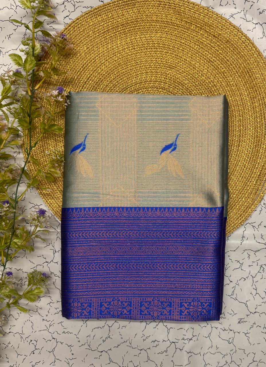 Mint & Royal Blue Leaf Motif Soft Silk Saree - view 2 of 6