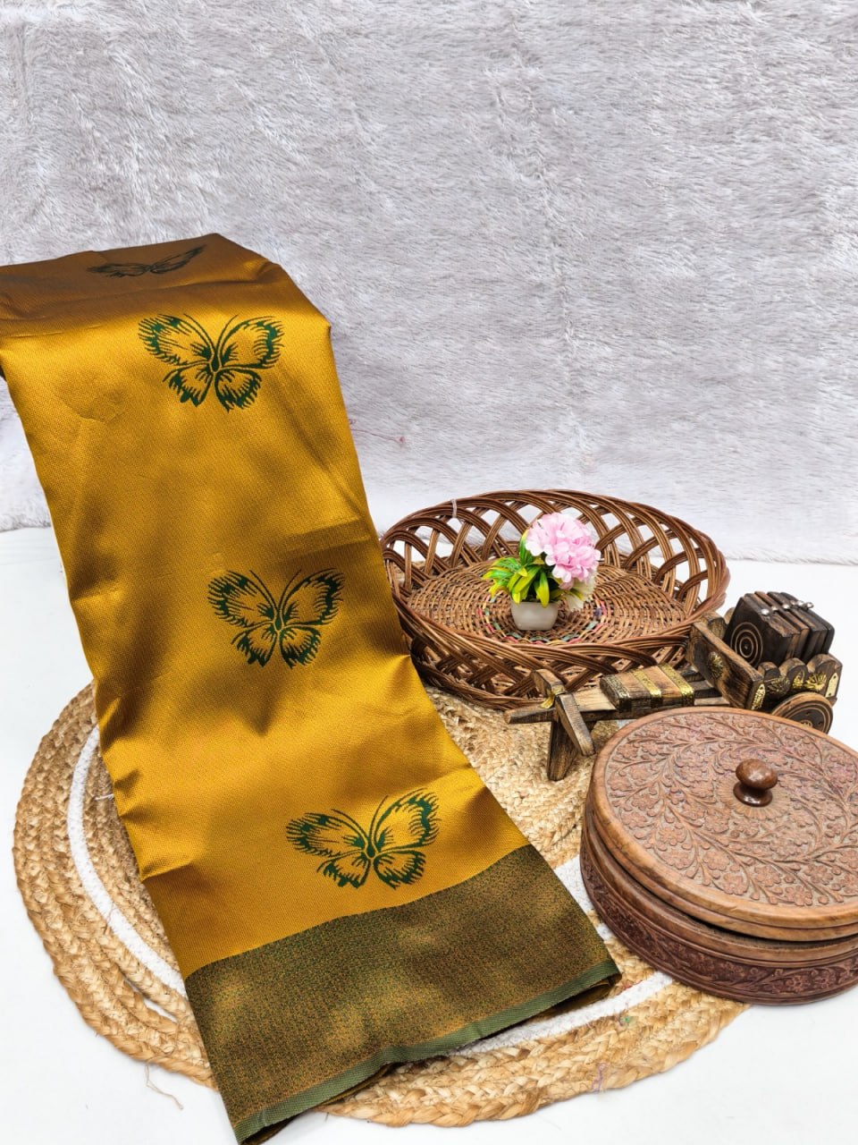Mustard Butterfly Jacquard Silk Saree - Shivay Libas