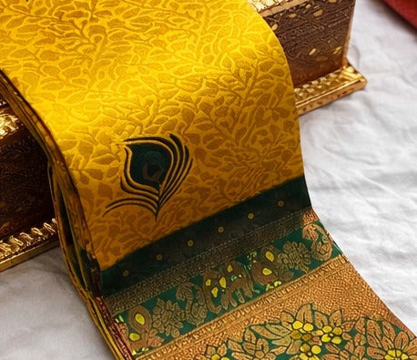 Mustard Yellow & Bottle Green Peacock Zari Soft Silk Saree - Shivay Libas