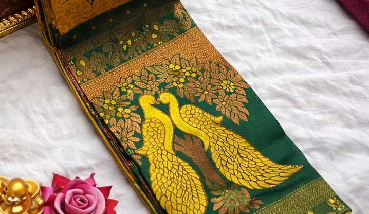 Mustard Yellow & Bottle Green Peacock Zari Soft Silk Saree - view 3 of 4