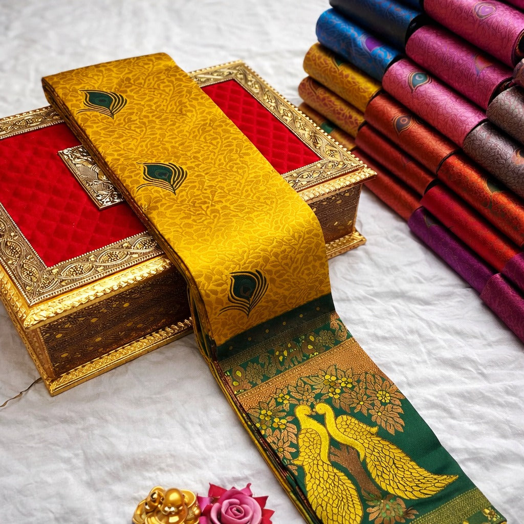 Mustard Yellow & Bottle Green Peacock Zari Soft Silk Saree - view 4 of 4