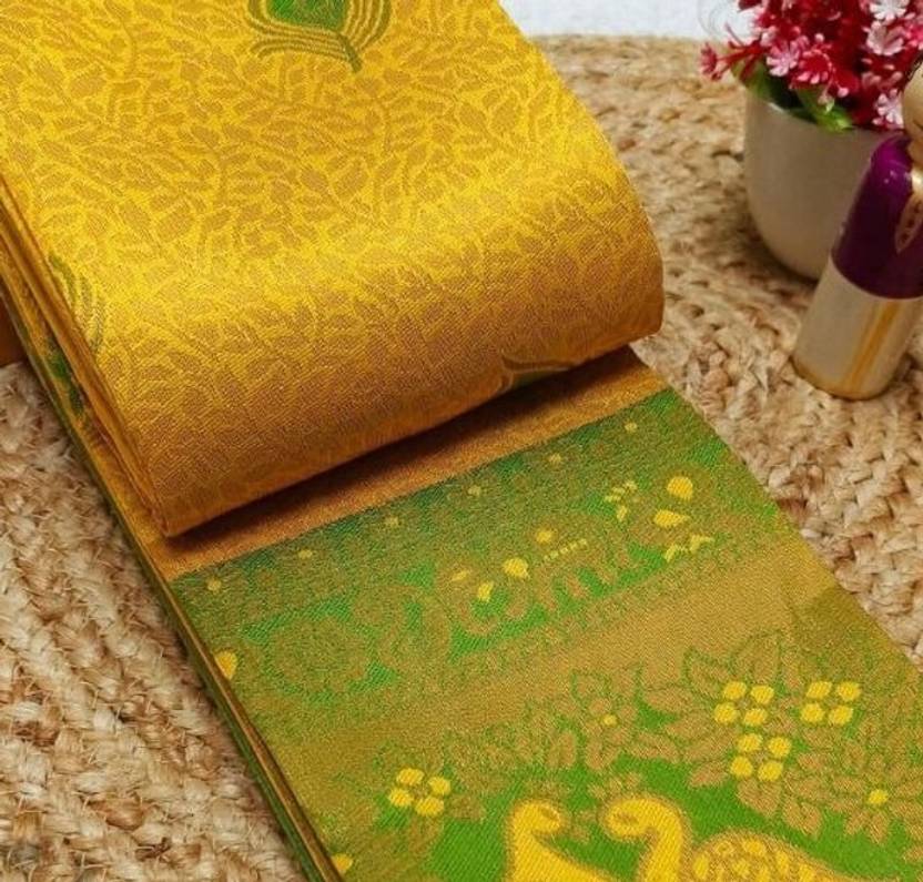 Mustard Yellow & Parrot Green Peacock Zari Soft Silk Saree - view 2 of 4