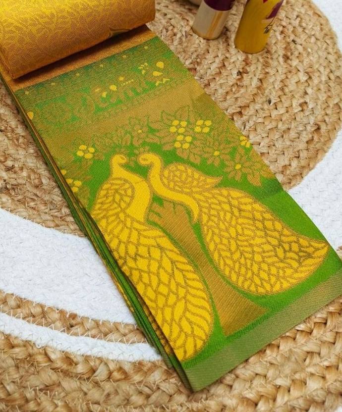 Mustard Yellow & Parrot Green Peacock Zari Soft Silk Saree - view 3 of 4