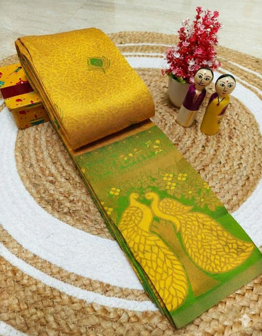 Mustard Yellow & Parrot Green Peacock Zari Soft Silk Saree - view 4 of 4