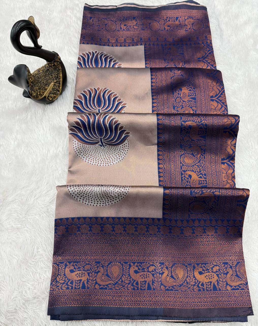 Navy Blue Lotus Motif Silk Saree - view 2 of 5