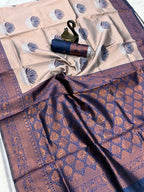 Navy Blue Lotus Motif Silk Saree - view 4 of 5