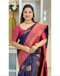 Navy Blue & Pink Kanjivaram Style Silk Saree - Shivay Libas