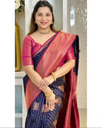 Navy Blue & Pink Kanjivaram Style Silk Saree - view 2 of 5