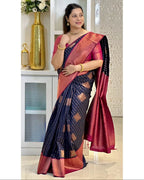 Navy Blue & Pink Kanjivaram Style Silk Saree - view 5 of 5