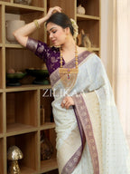 Off White & Purple Border Tissue Silk Saree - Shivay Libas