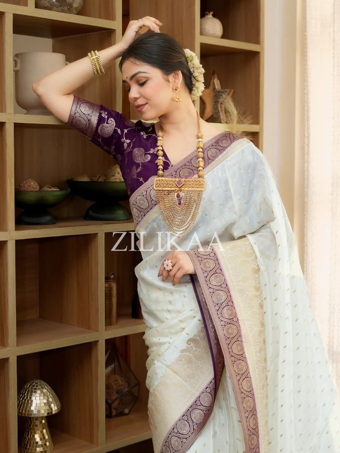 Off White & Purple Border Tissue Silk Saree - Shivay Libas