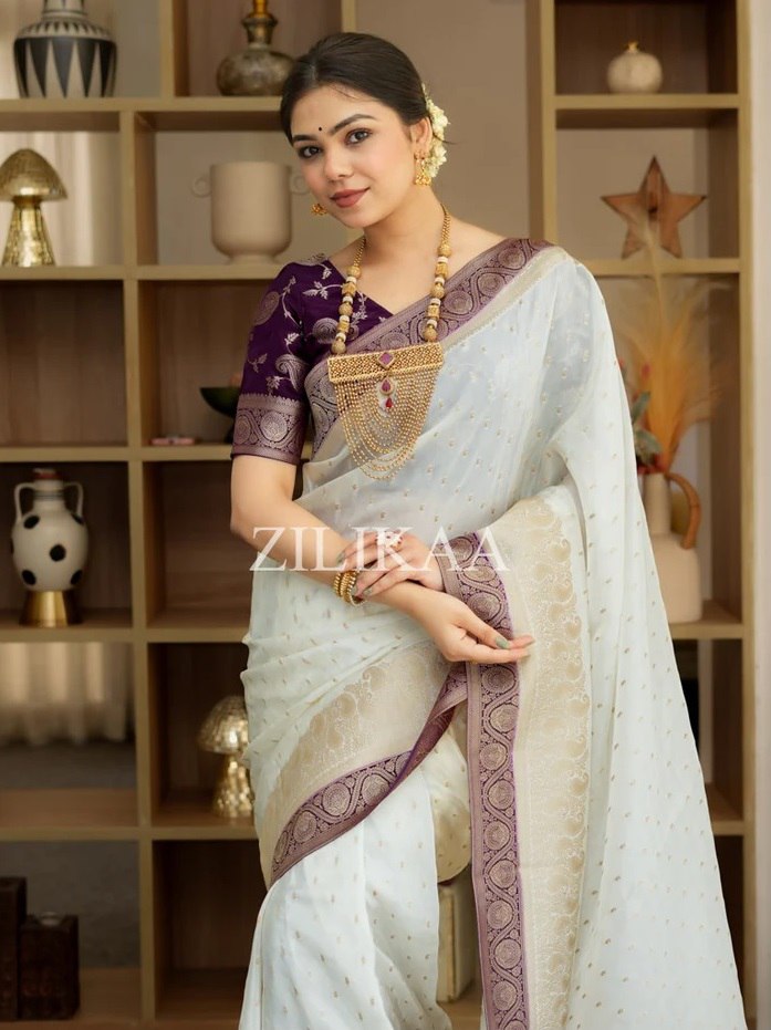 Off White & Purple Border Tissue Silk Saree - view 2 of 4