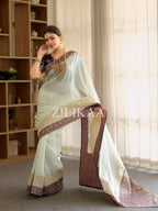 Off White & Purple Border Tissue Silk Saree - view 3 of 4