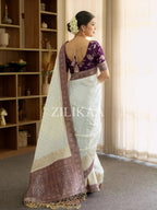 Off White & Purple Border Tissue Silk Saree - view 4 of 4