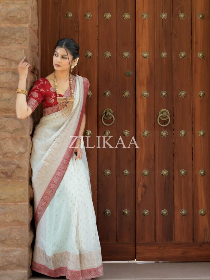 Off White & Red Border Tissue Silk Saree - view 2 of 6