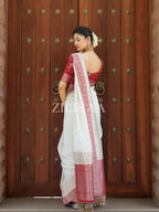 Off White & Red Border Tissue Silk Saree - view 3 of 6
