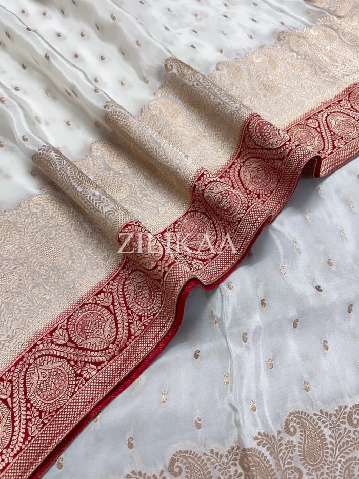 Off White & Red Border Tissue Silk Saree - view 5 of 6
