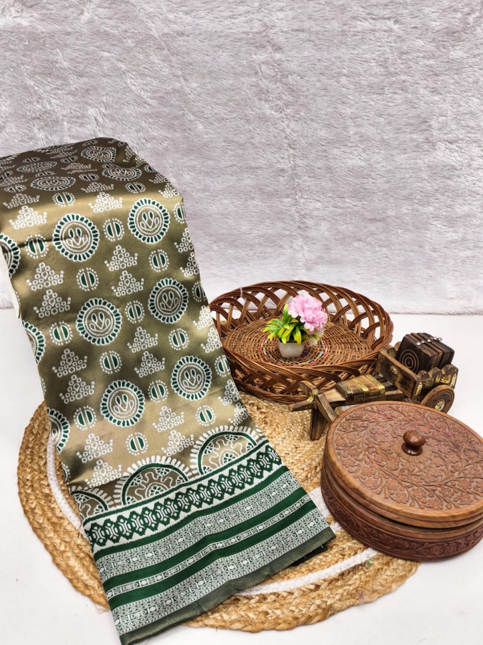 Olive & Bottle Green Mandala Weave Silk Saree - Shivay Libas