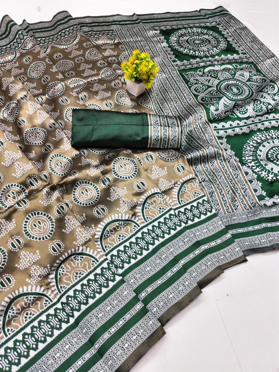 Olive & Bottle Green Mandala Weave Silk Saree - view 2 of 2
