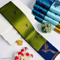 Olive Green & Royal Blue Leaf Motif Soft Silk Saree - Shivay Libas