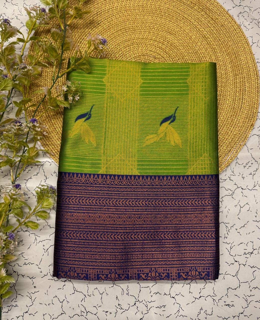 Olive Green & Royal Blue Leaf Motif Soft Silk Saree - view 2 of 6