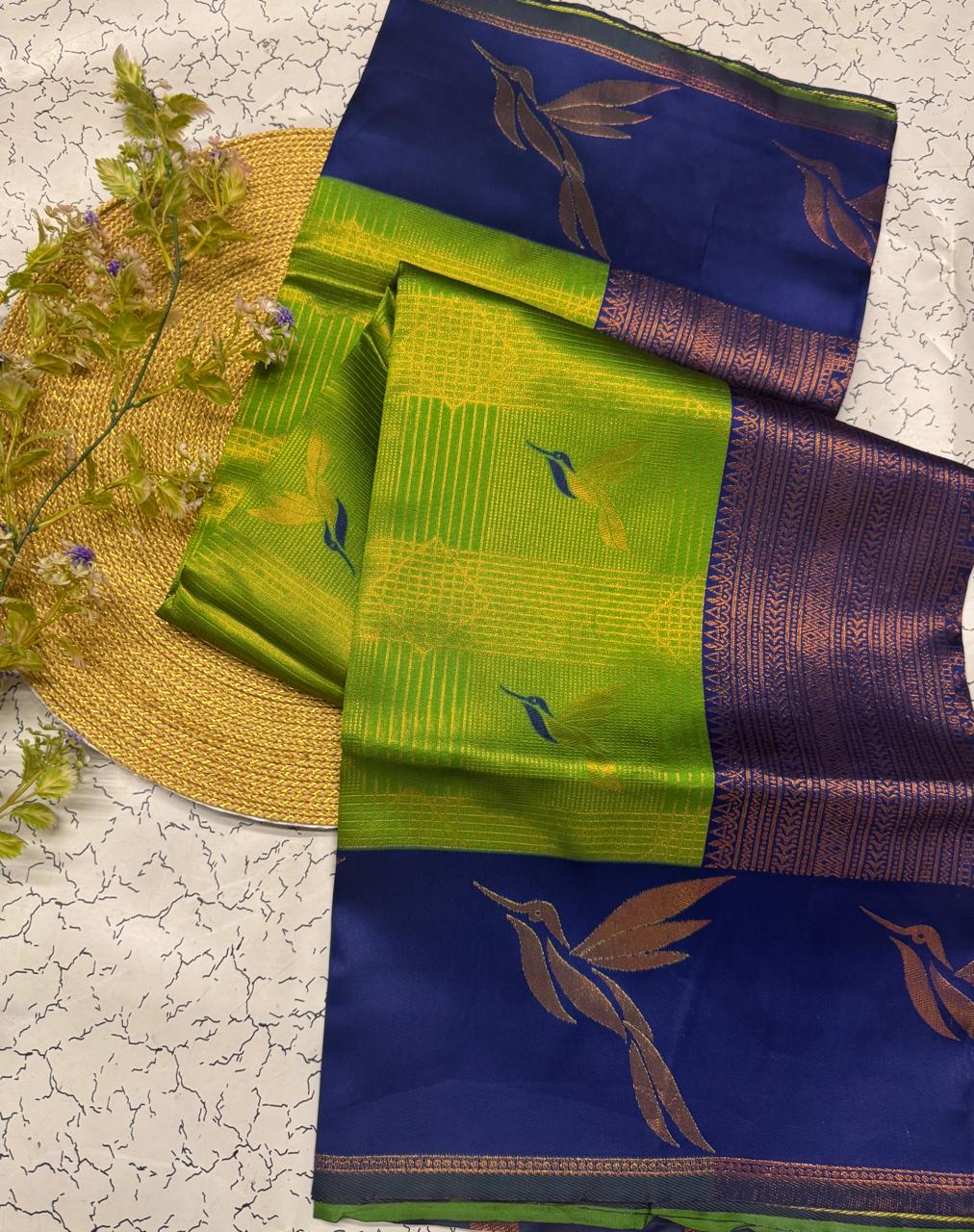 Olive Green & Royal Blue Leaf Motif Soft Silk Saree - view 3 of 6