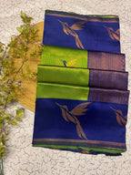 Olive Green & Royal Blue Leaf Motif Soft Silk Saree - view 4 of 6