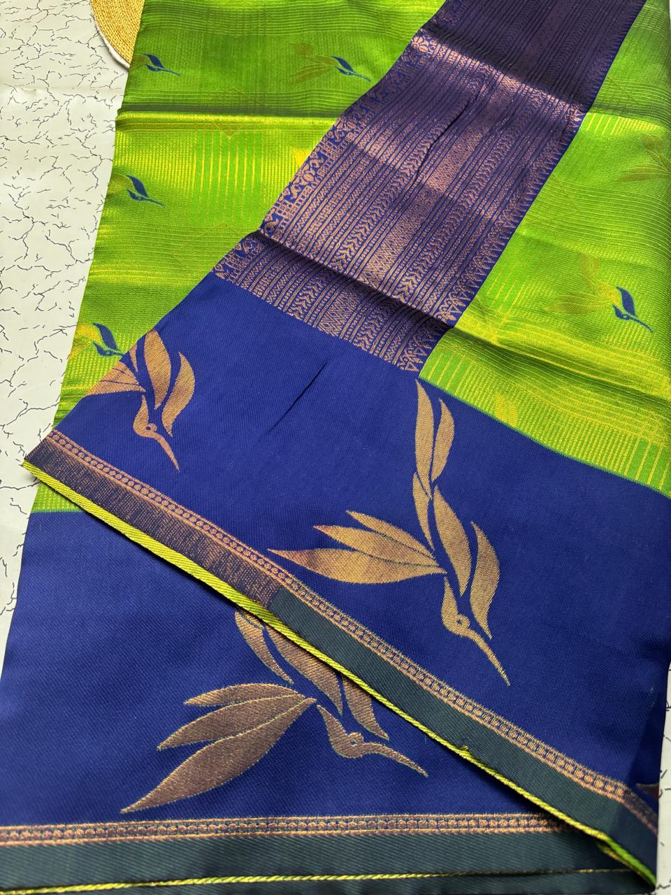 Olive Green & Royal Blue Leaf Motif Soft Silk Saree - view 6 of 6