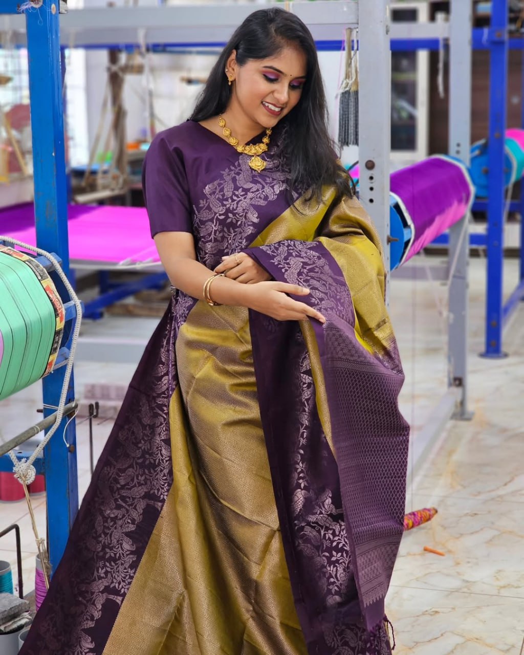 Olive & Purple Silk Saree - view 2 of 3