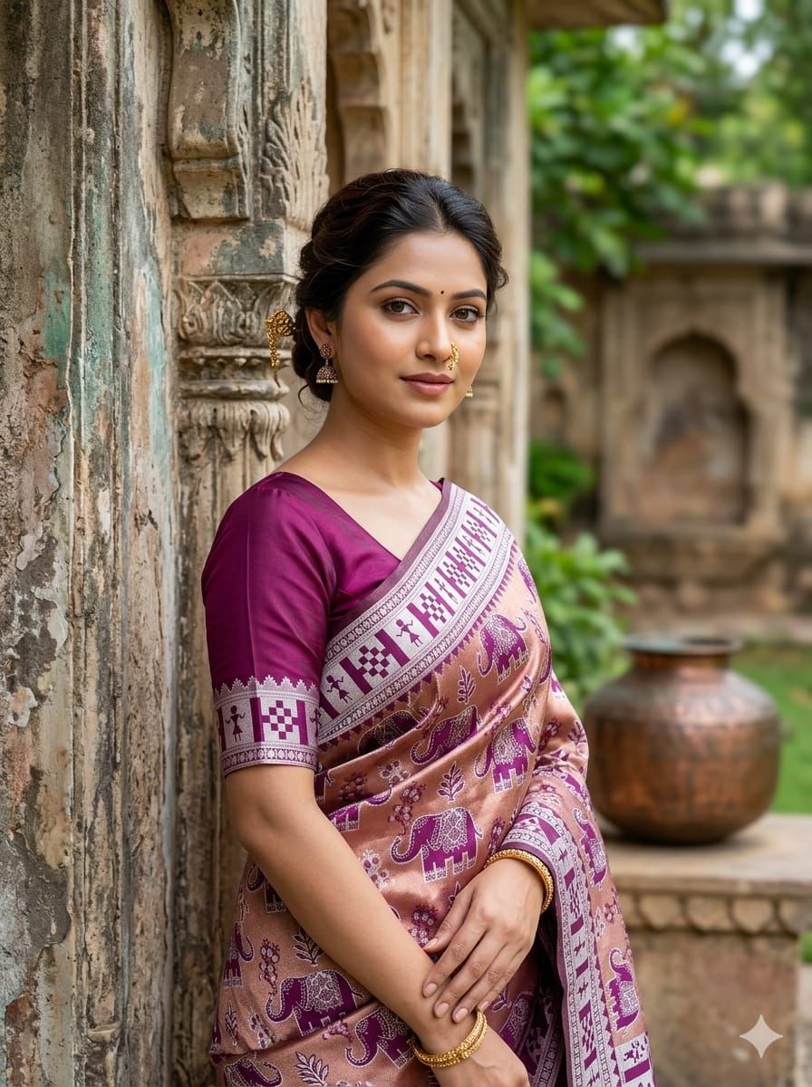 Onion Pink & Purple Elephant Weave Silk Saree - Shivay Libas