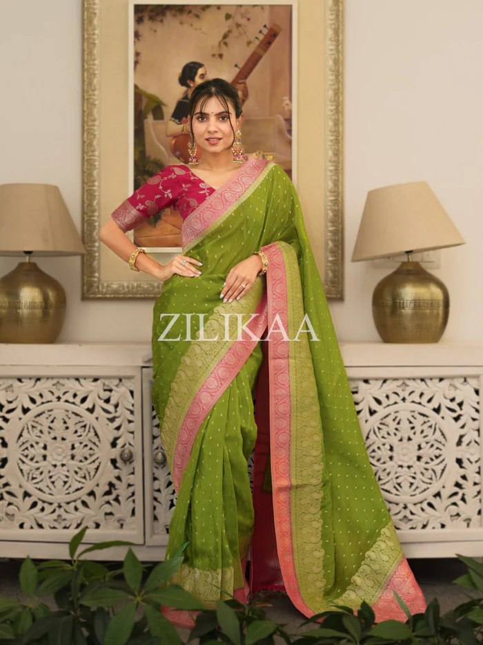 Parrot Green Tissue Silk Saree - Shivay Libas