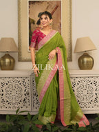Parrot Green Tissue Silk Saree - view 2 of 4