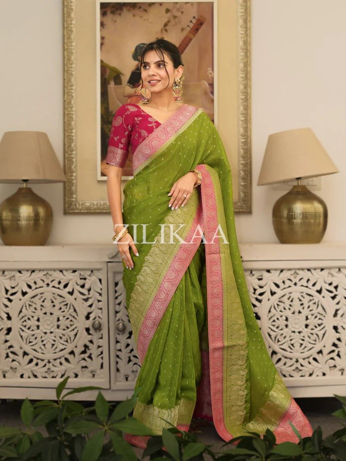 Parrot Green Tissue Silk Saree - view 2 of 4