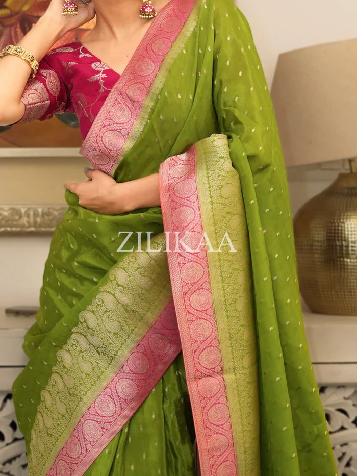Parrot Green Tissue Silk Saree - view 3 of 4